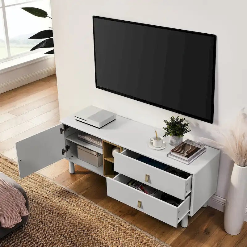 54.57 Meuble TV multifonctionnel avec poignées en cuir, compartiment de rangement ouvert et deux tiroirs