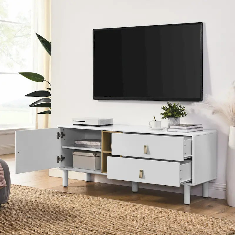 54.57 Meuble TV multifonctionnel avec poignées en cuir, compartiment de rangement ouvert et deux tiroirs