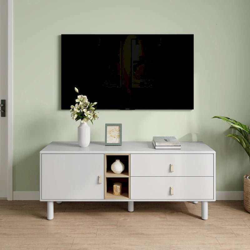 54.57 Meuble TV multifonctionnel avec poignées en cuir, compartiment de rangement ouvert et deux tiroirs