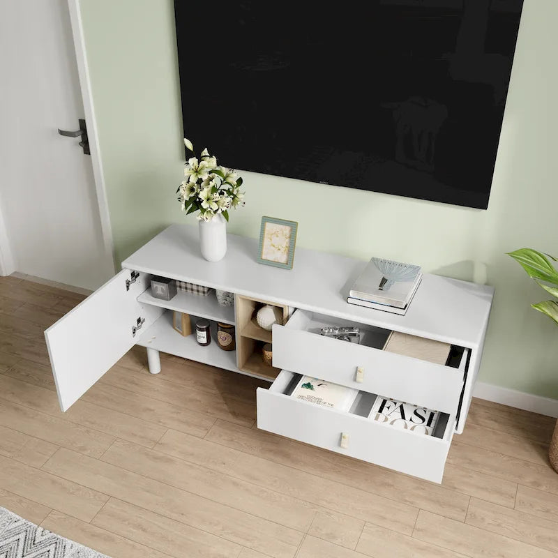 54.57 Meuble TV multifonctionnel avec poignées en cuir, compartiment de rangement ouvert et deux tiroirs