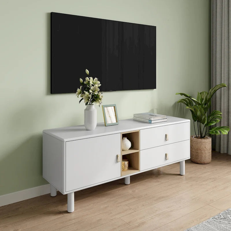 54.57 Meuble TV multifonctionnel avec poignées en cuir, compartiment de rangement ouvert et deux tiroirs