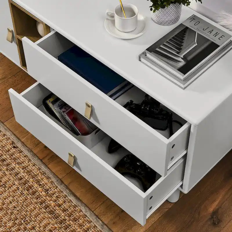 54.57 Meuble TV multifonctionnel avec poignées en cuir, compartiment de rangement ouvert et deux tiroirs