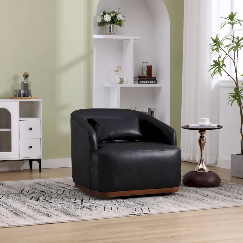 Fauteuil pivotant rond en PU noir de 80 cm avec base en métal
