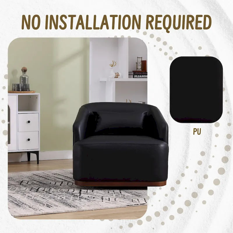 Fauteuil pivotant rond en PU noir de 80 cm avec base en métal
