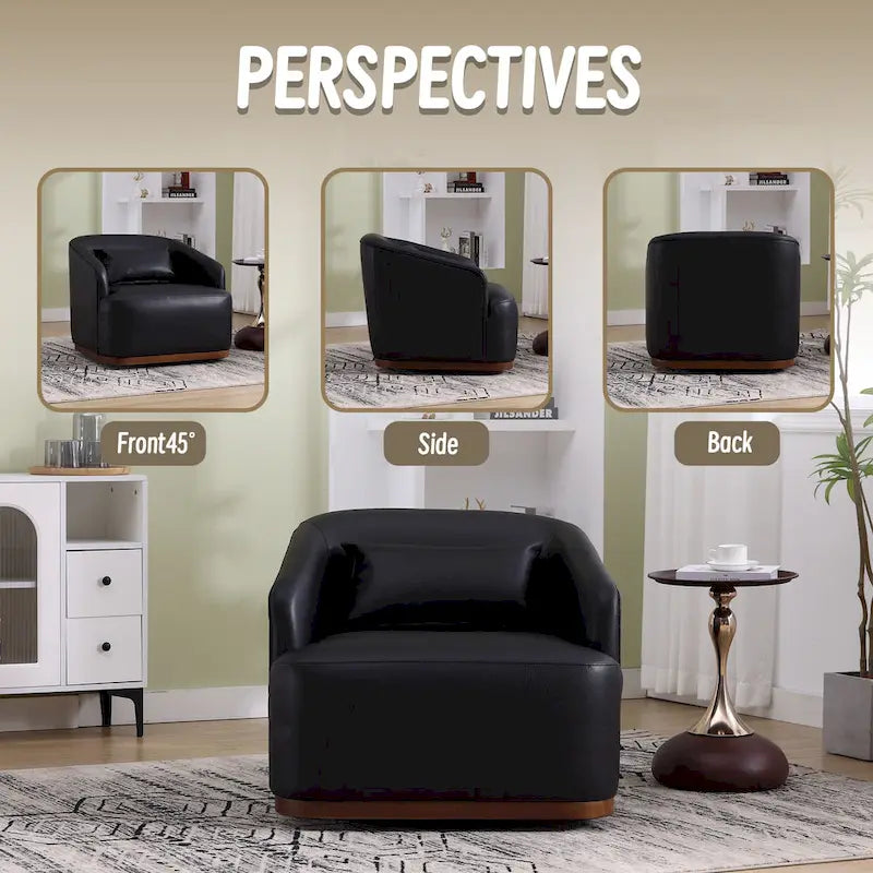 Fauteuil pivotant rond en PU noir de 80 cm avec base en métal