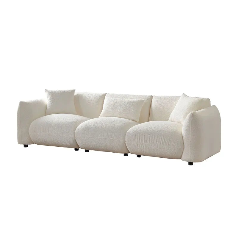 Canapé 3 places rembourré en tissu bouclette avec coussins, style Mid-Century Modern 102.36, pour salon