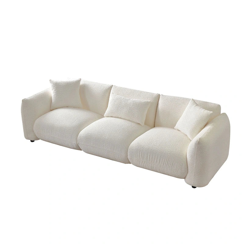 Canapé 3 places rembourré en tissu bouclette avec coussins, style Mid-Century Modern 102.36, pour salon