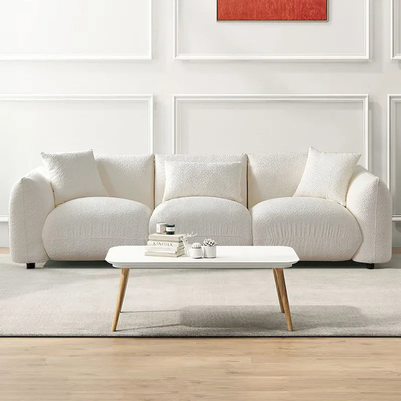 Canapé 3 places rembourré en tissu bouclette avec coussins, style Mid-Century Modern 102.36, pour salon