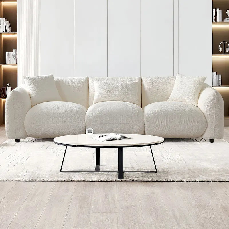 Canapé 3 places rembourré en tissu bouclette avec coussins, style Mid-Century Modern 102.36, pour salon