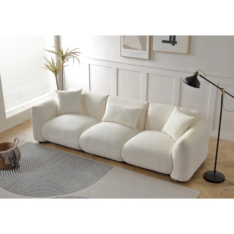 Canapé 3 places rembourré en tissu bouclette avec coussins, style Mid-Century Modern 102.36, pour salon