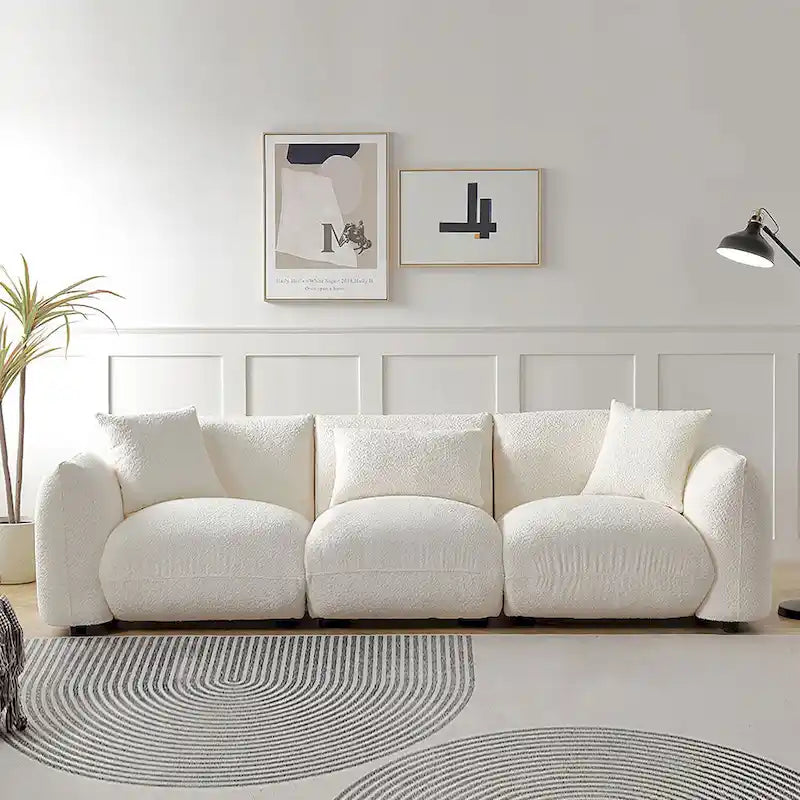 Canapé 3 places rembourré en tissu bouclette avec coussins, style Mid-Century Modern 102.36, pour salon