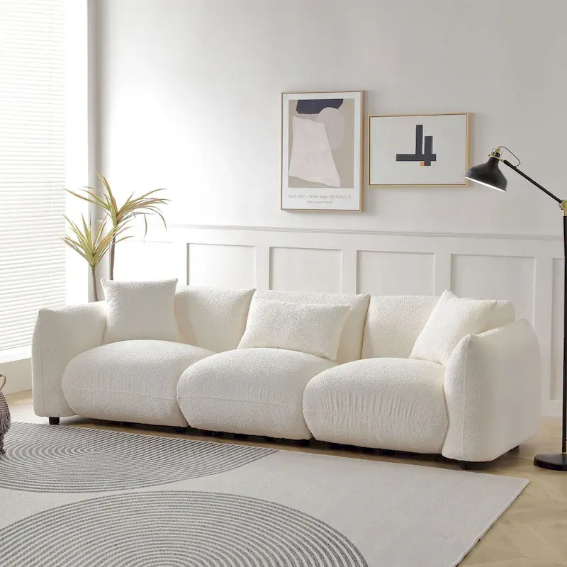 Canapé 3 places rembourré en tissu bouclette avec coussins, style Mid-Century Modern 102.36, pour salon