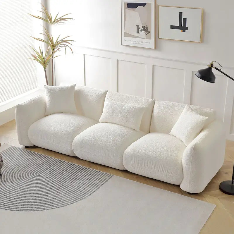 Canapé 3 places rembourré en tissu bouclette avec coussins, style Mid-Century Modern 102.36, pour salon