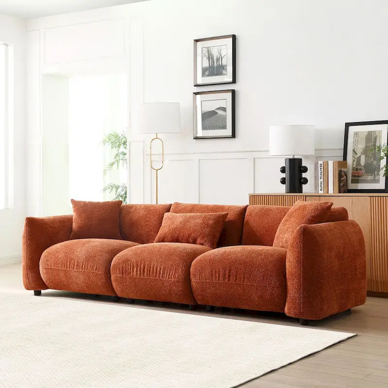 Canapé 3 places rembourré en tissu bouclette avec coussins, style Mid-Century Modern 102.36, pour salon