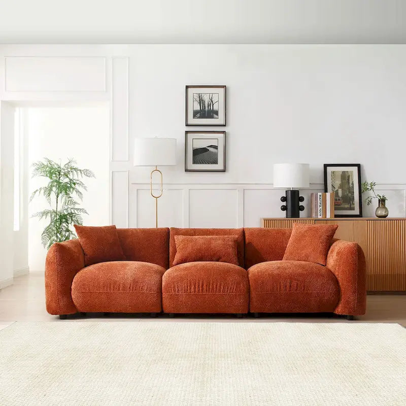 Canapé 3 places rembourré en tissu bouclette avec coussins, style Mid-Century Modern 102.36, pour salon