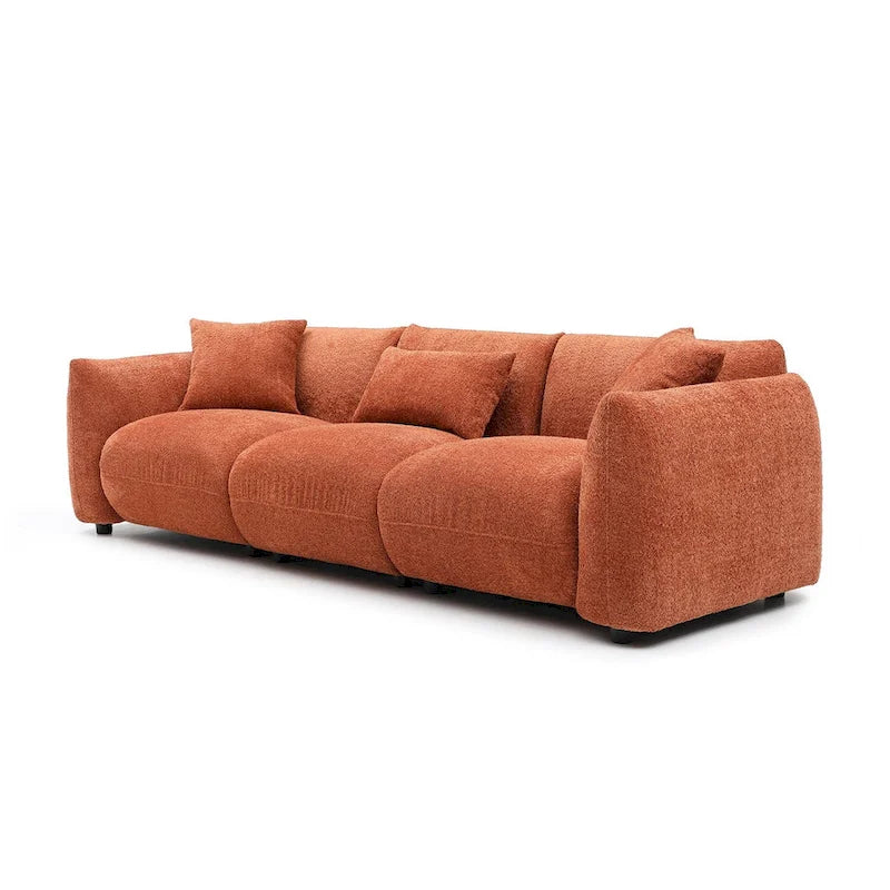 Canapé 3 places rembourré en tissu bouclette avec coussins, style Mid-Century Modern 102.36, pour salon