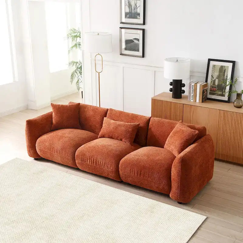 Canapé 3 places rembourré en tissu bouclette avec coussins, style Mid-Century Modern 102.36, pour salon