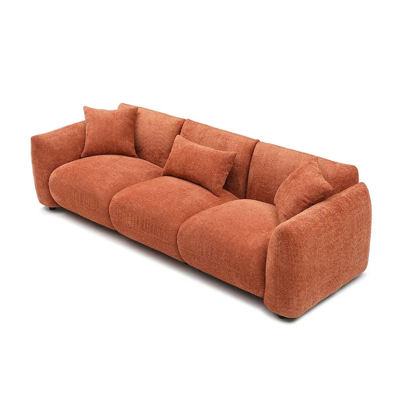 Canapé 3 places rembourré en tissu bouclette avec coussins, style Mid-Century Modern 102.36, pour salon