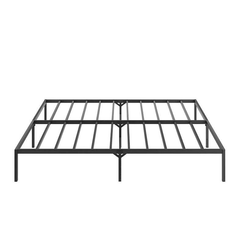 Lit plateforme King en métal noir avec tête de lit en bois à motif ondulé