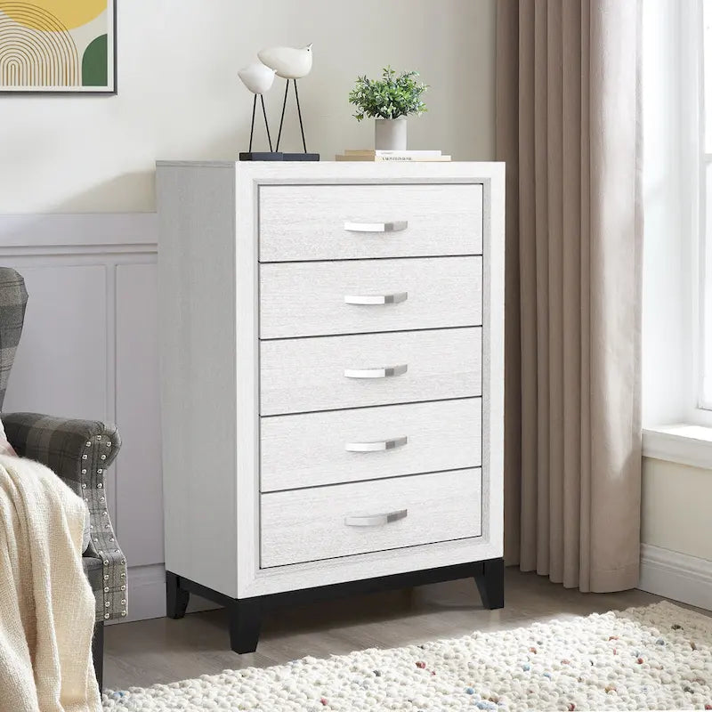 Commode de rangement à 5 tiroirs haute en bois blanc moderne avec poignées métalliques – 51 po