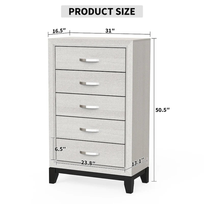 Commode de rangement à 5 tiroirs haute en bois blanc moderne avec poignées métalliques – 51 po