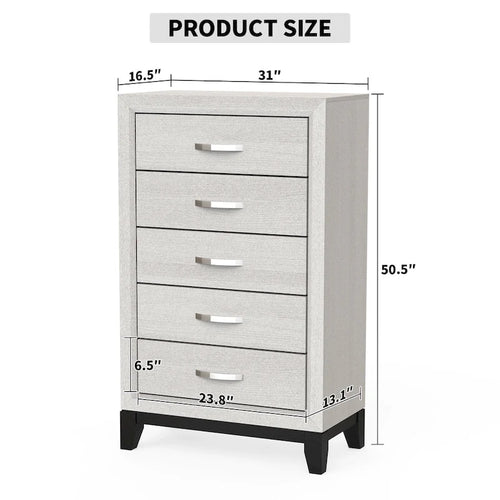 Commode de rangement à 5 tiroirs haute en bois blanc moderne avec poignées métalliques – 51 po