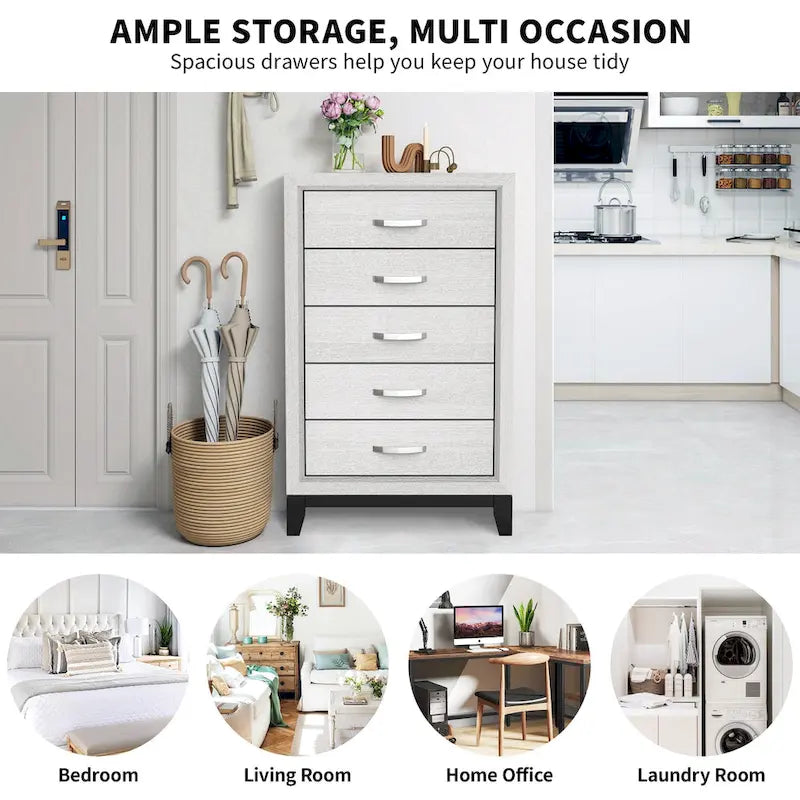 Commode de rangement à 5 tiroirs haute en bois blanc moderne avec poignées métalliques – 51 po