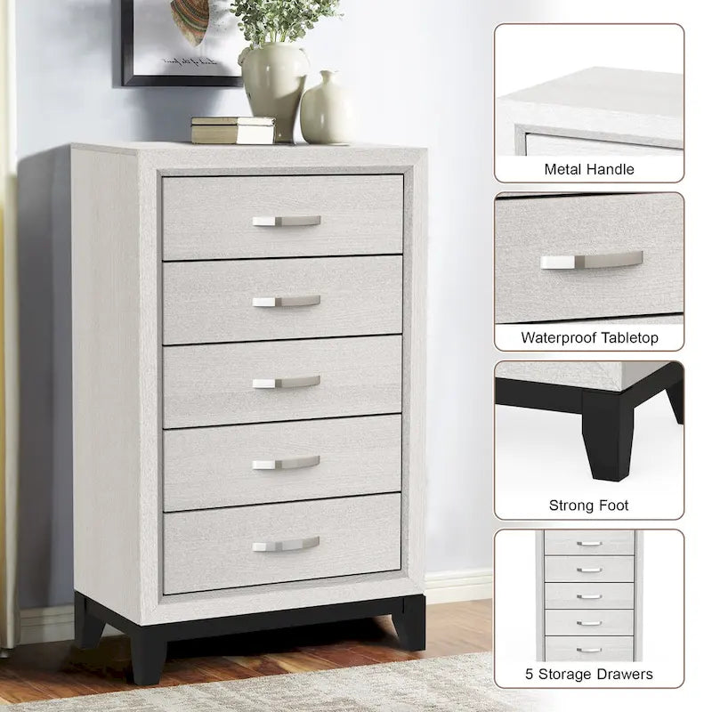 Commode de rangement à 5 tiroirs haute en bois blanc moderne avec poignées métalliques – 51 po