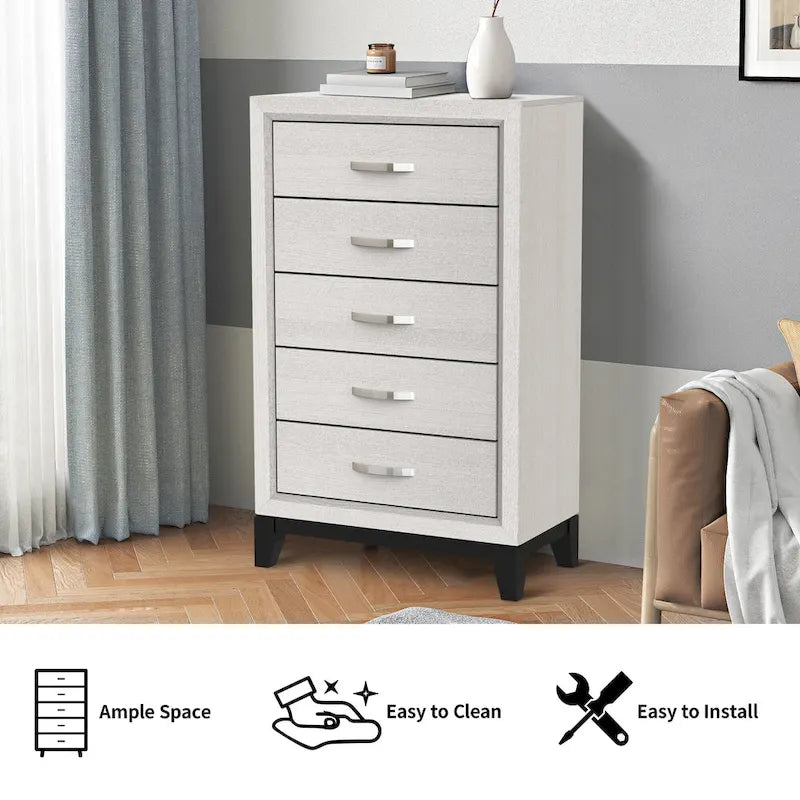 Commode de rangement à 5 tiroirs haute en bois blanc moderne avec poignées métalliques – 51 po