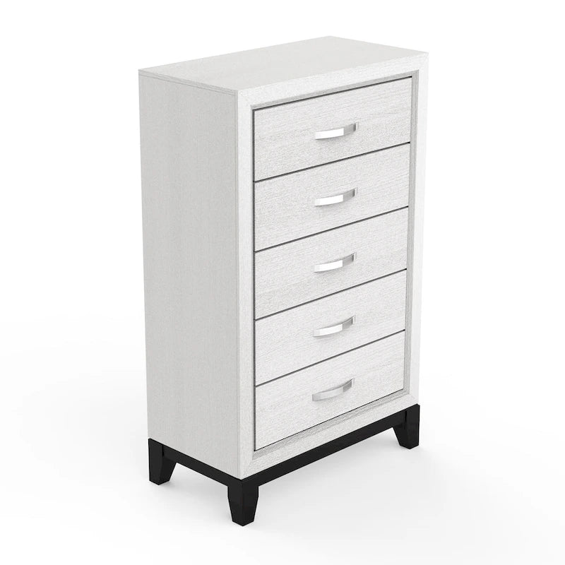Commode de rangement à 5 tiroirs haute en bois blanc moderne avec poignées métalliques – 51 po