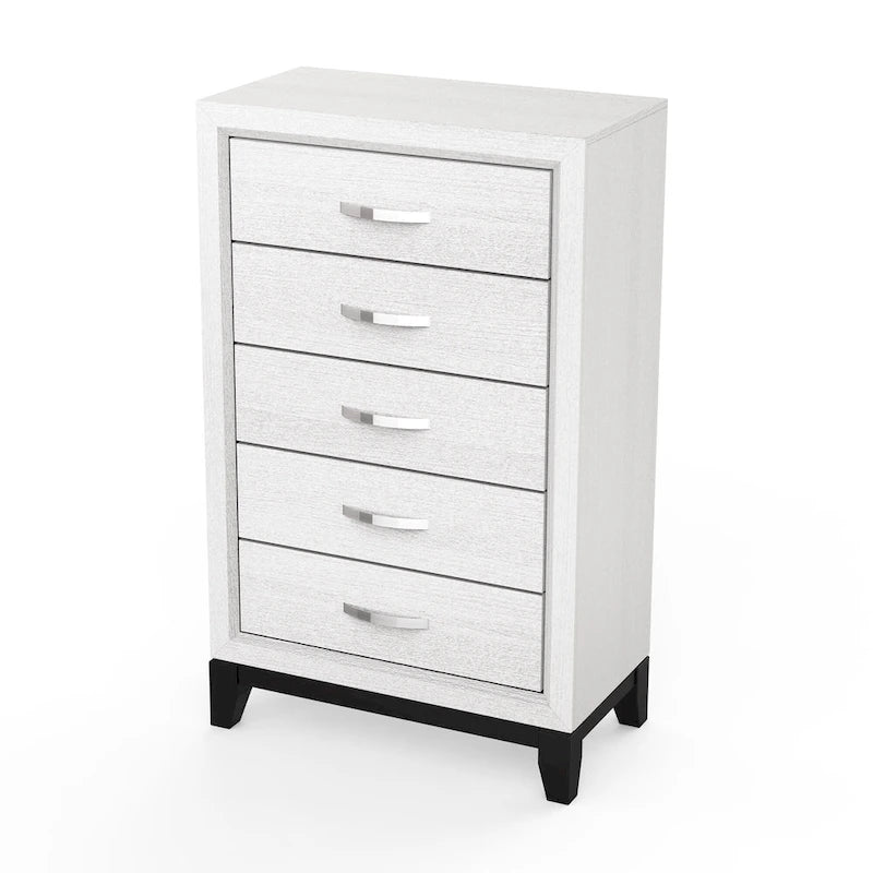 Commode de rangement à 5 tiroirs haute en bois blanc moderne avec poignées métalliques – 51 po