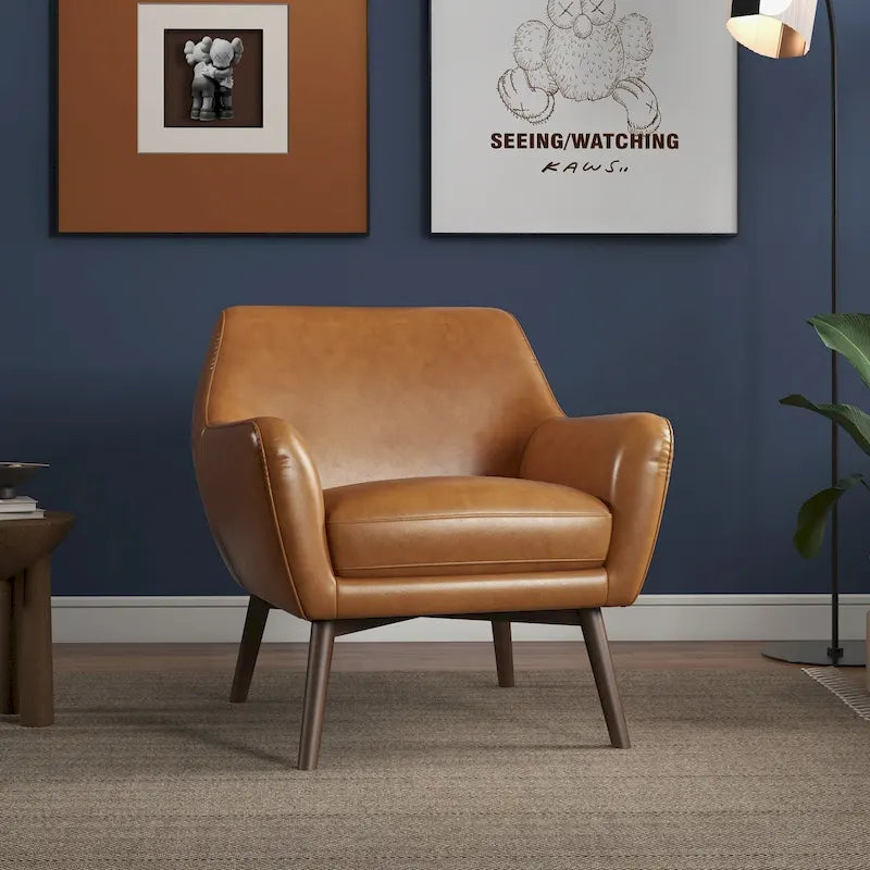 Fauteuil d'appoint large Mid-Century Modern en cuir pleine fleur