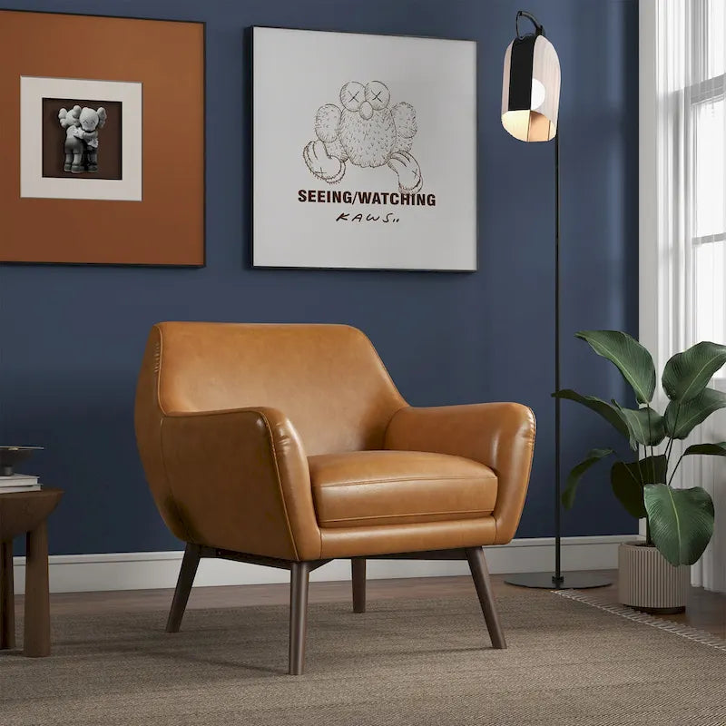 Fauteuil d'appoint large Mid-Century Modern en cuir pleine fleur