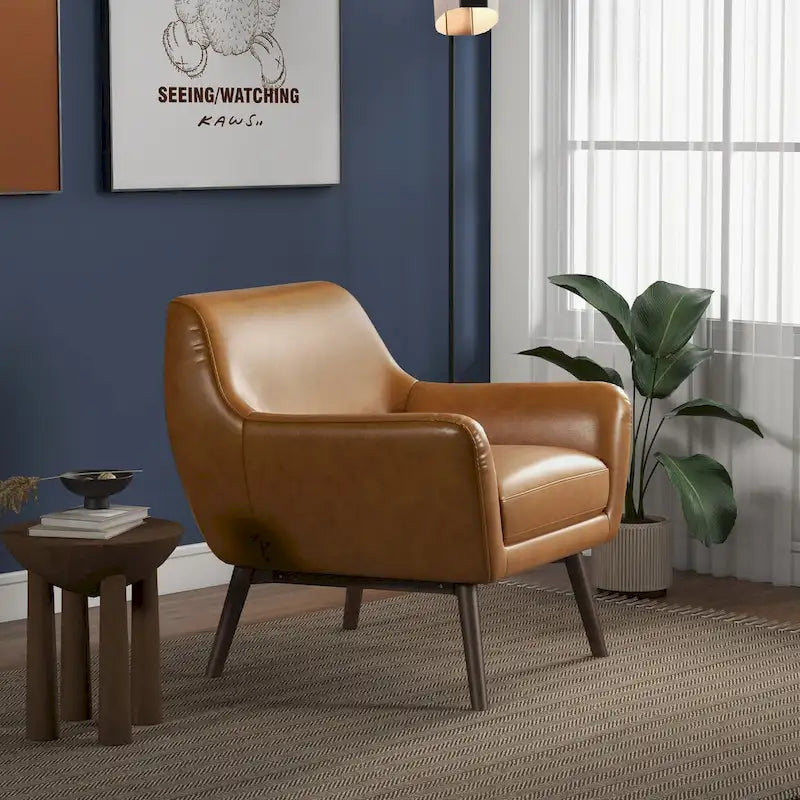 Fauteuil d'appoint large Mid-Century Modern en cuir pleine fleur