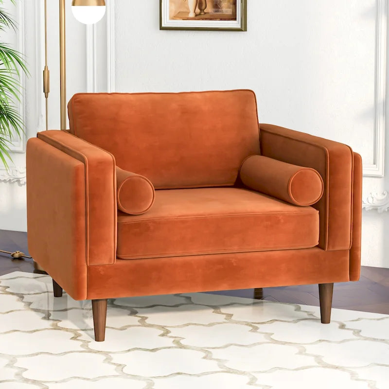 Fauteuil à dossier coussin en velours, style Mid-Century Modern