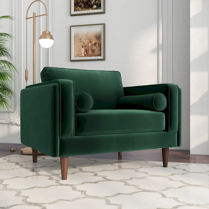 Fauteuil à dossier coussin en velours, style Mid-Century Modern