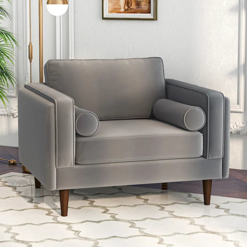 Fauteuil à dossier coussin en velours, style Mid-Century Modern