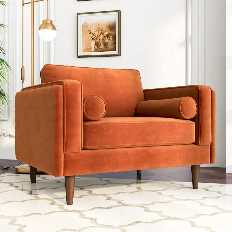 Fauteuil à dossier coussin en velours, style Mid-Century Modern