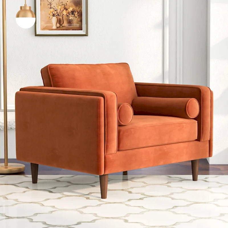 Fauteuil à dossier coussin en velours, style Mid-Century Modern