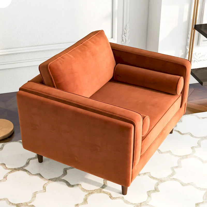 Fauteuil à dossier coussin en velours, style Mid-Century Modern
