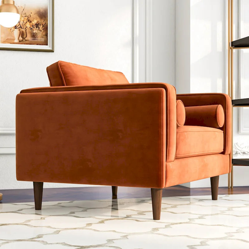 Fauteuil à dossier coussin en velours, style Mid-Century Modern