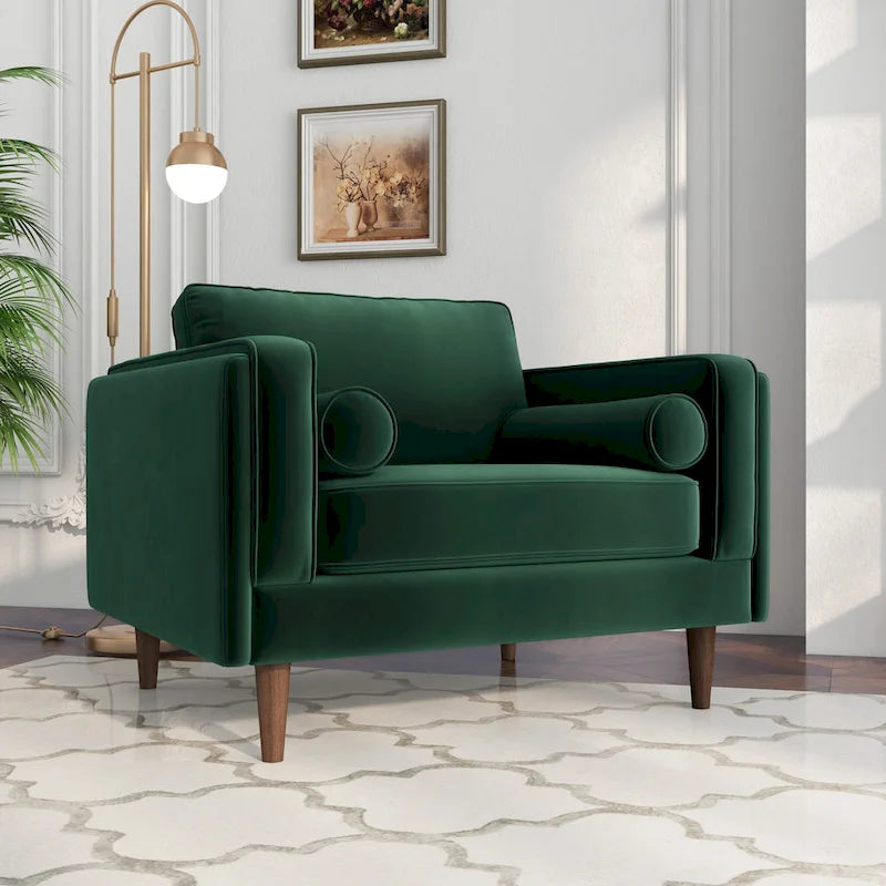 Fauteuil à dossier coussin en velours, style Mid-Century Modern