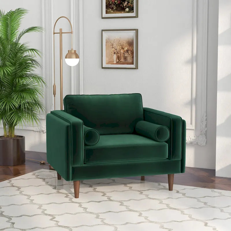 Fauteuil à dossier coussin en velours, style Mid-Century Modern