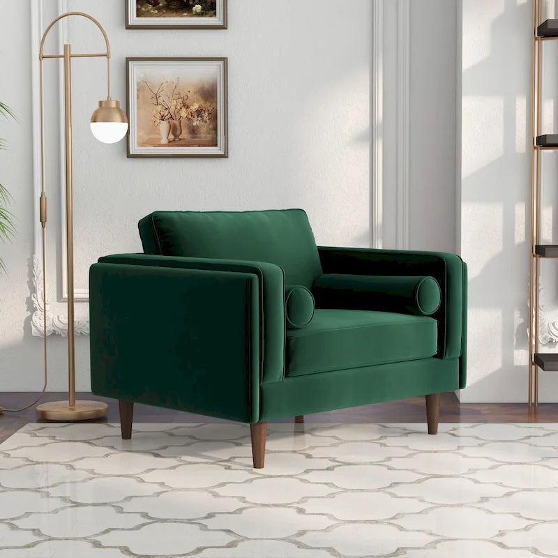 Fauteuil à dossier coussin en velours, style Mid-Century Modern