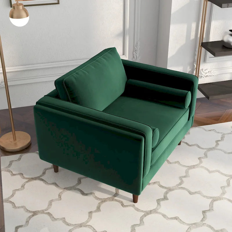 Fauteuil à dossier coussin en velours, style Mid-Century Modern