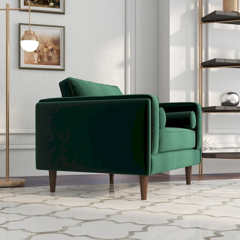 Fauteuil à dossier coussin en velours, style Mid-Century Modern