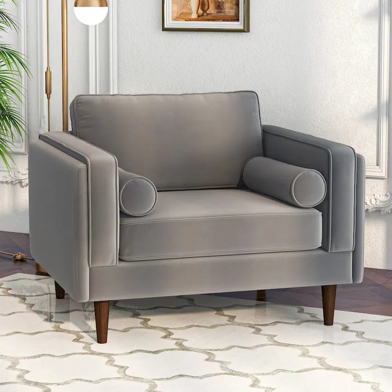 Fauteuil à dossier coussin en velours, style Mid-Century Modern