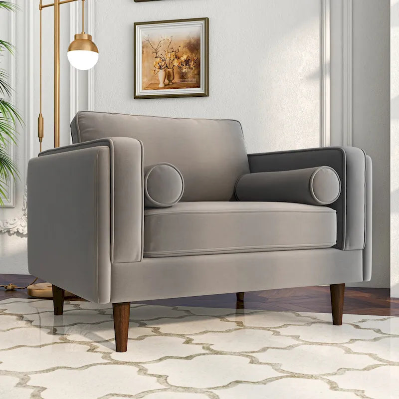 Fauteuil à dossier coussin en velours, style Mid-Century Modern