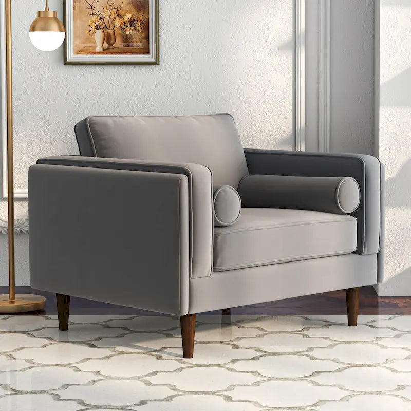 Fauteuil à dossier coussin en velours, style Mid-Century Modern