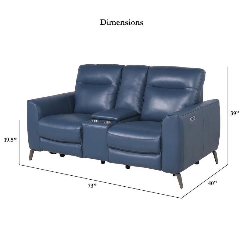 Causeuse inclinable électrique en cuir pleine fleur, bleu océan, avec console